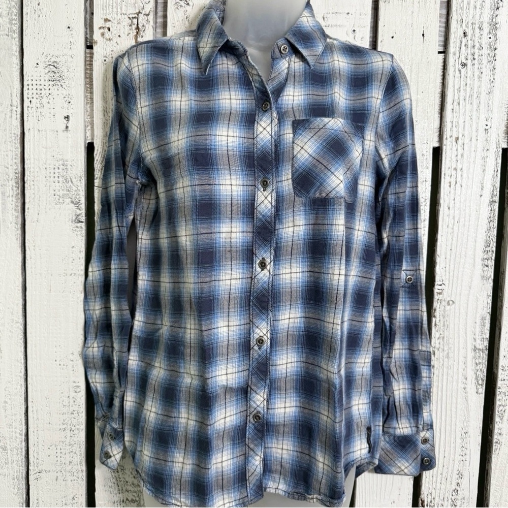 Seven7 Flannel Women XS Blue White Plaid Soft Roll Tab Sleeve Grunge 90s Vibes